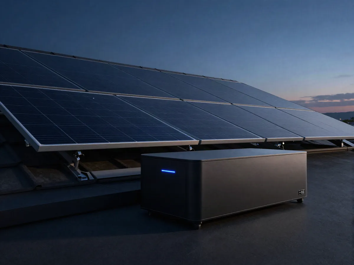 Schwarze Photovoltaik-Module auf einem Dach in der Abenddämmerung mit Batteriespeicher im Vordergrund