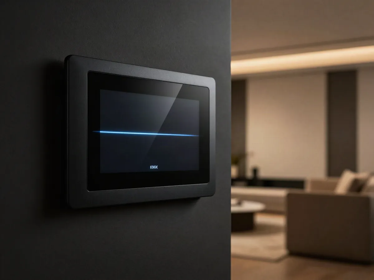 Matt-schwarzes KNX Smart-Home-Bedienpanel mit blauer Lichtlinie an einer dunklen Wand