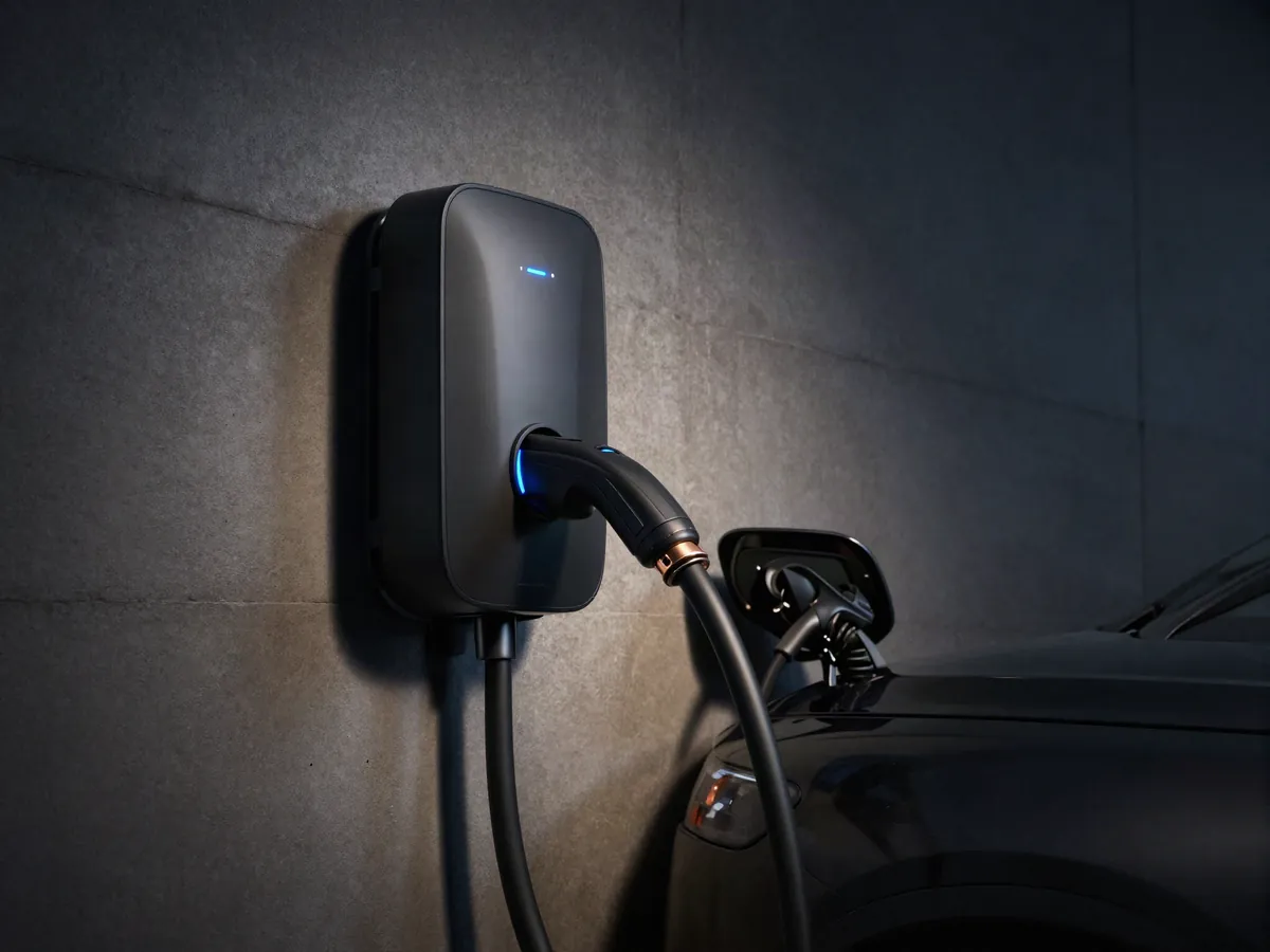 Matt-schwarze Wallbox in einer Garage, Ladekabel mit einem Elektroauto verbunden